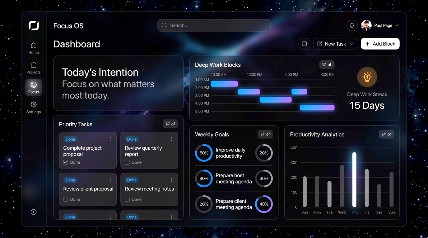 Digital dashboard with a space-themed background, displaying focus OS interface including sections for today's intention, priority tasks, deep work blocks, weekly goals, productivity analytics, and user profile in the top right corner.