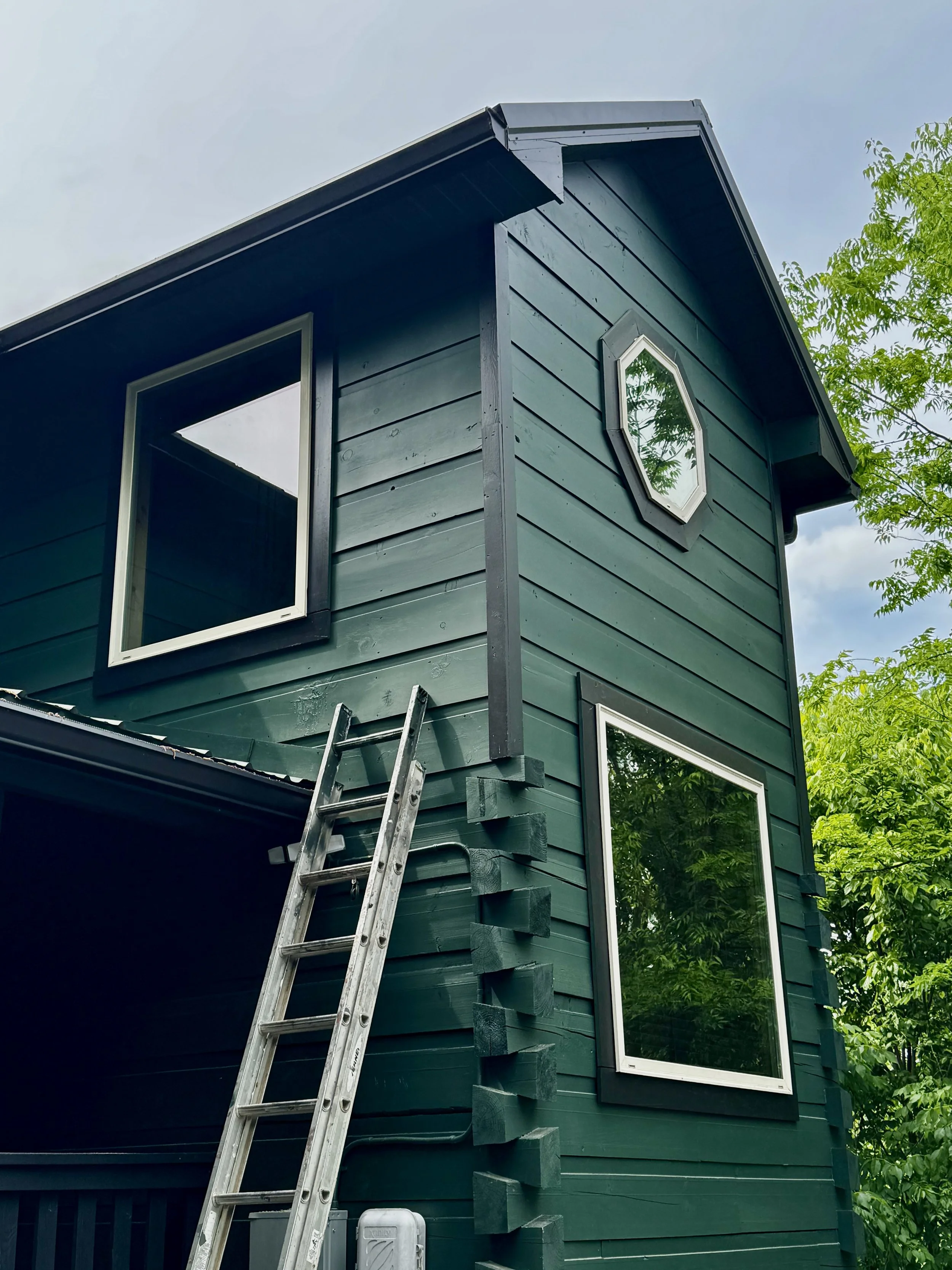 A close-up view of a green house exterior with white-trimmed windows, a ladder leaning against the wall, and a tree with green leaves nearby under a partly cloudy sky.