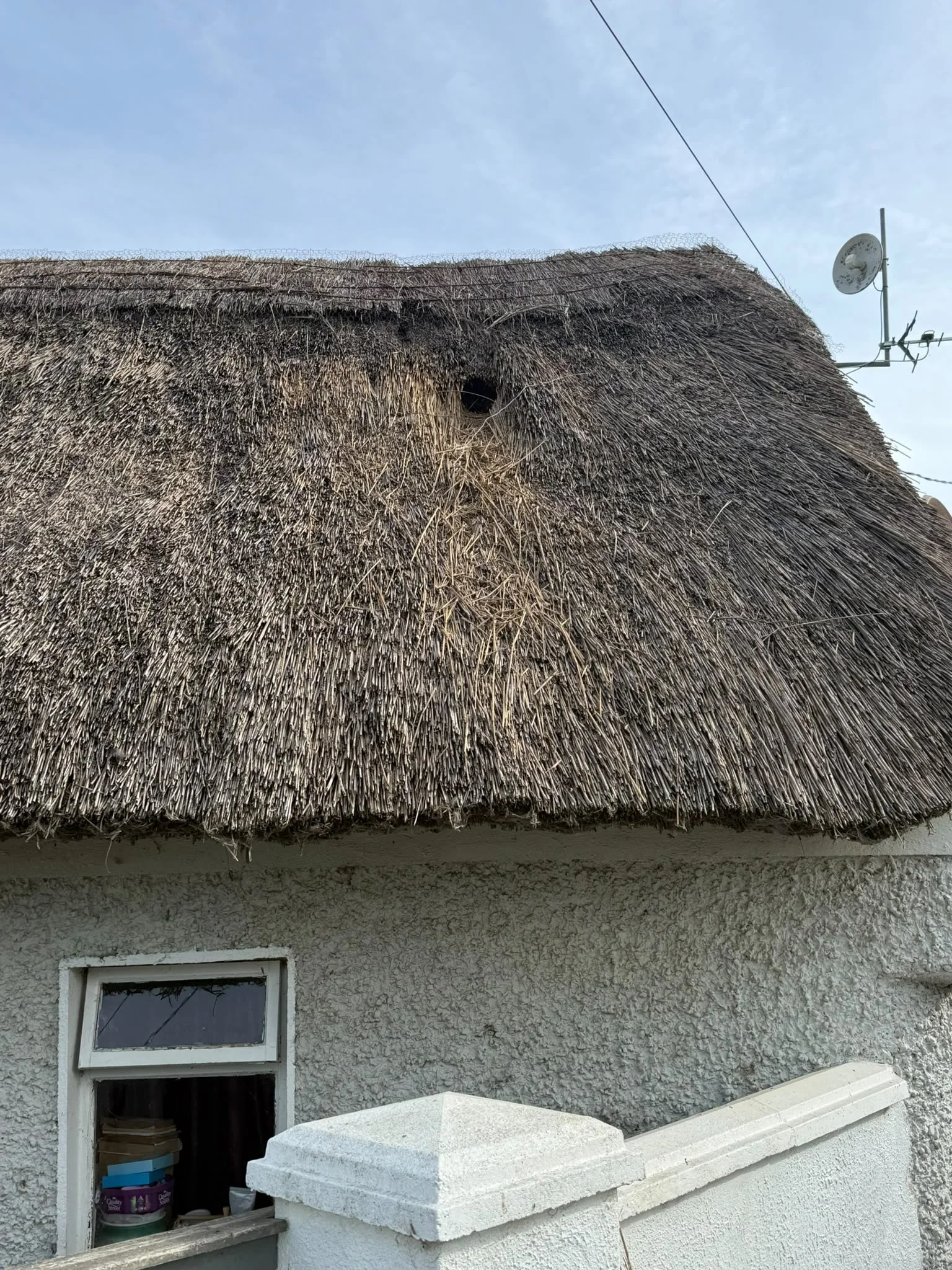 A house with a thatched roof, a small window, and a large hole near the ridge.