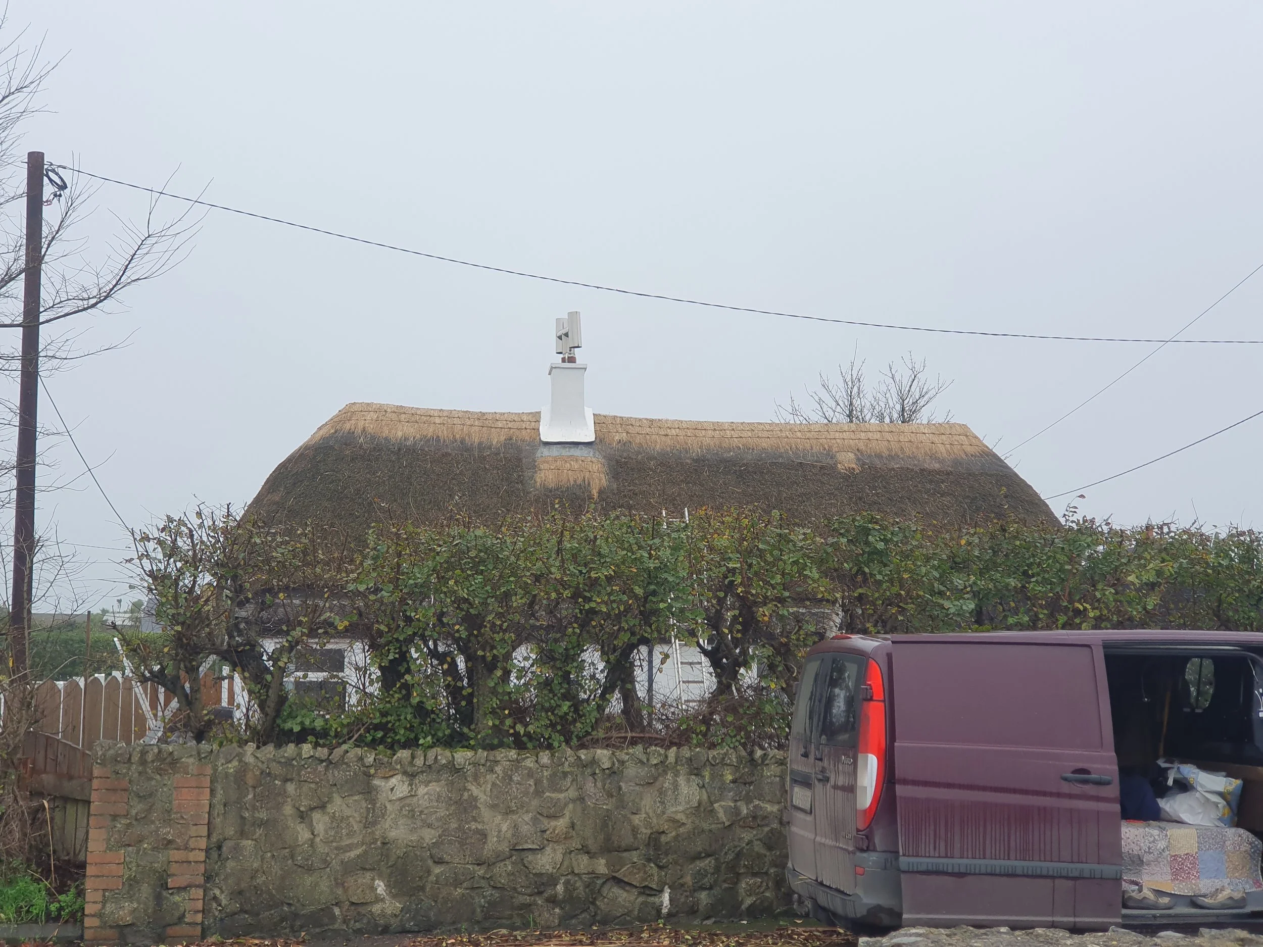 The image shows a thatched roof house with a chimney, surrounded by trees and plants with some bare branches, in front of a stone wall. A gray car is parked on the right side of the image.