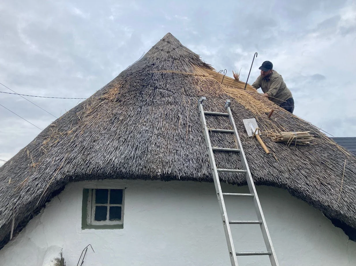 A man working on fixing or replacing an extensive thatched roof of a house. A ladder leans against the house, and the man is kneeling on the roof with tools, under a cloudy sky.