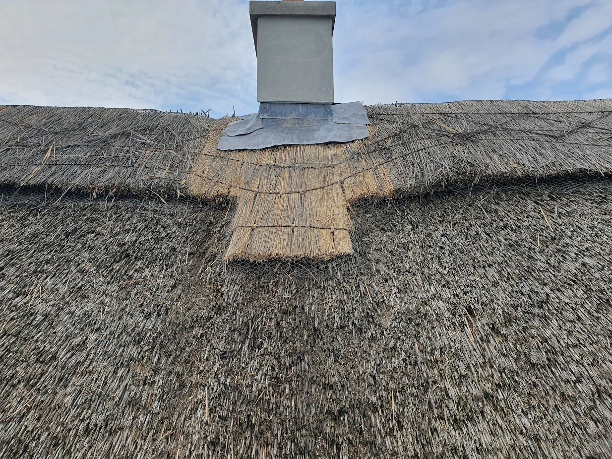 Thatched roof with a chimney and a cloudy sky in the background.