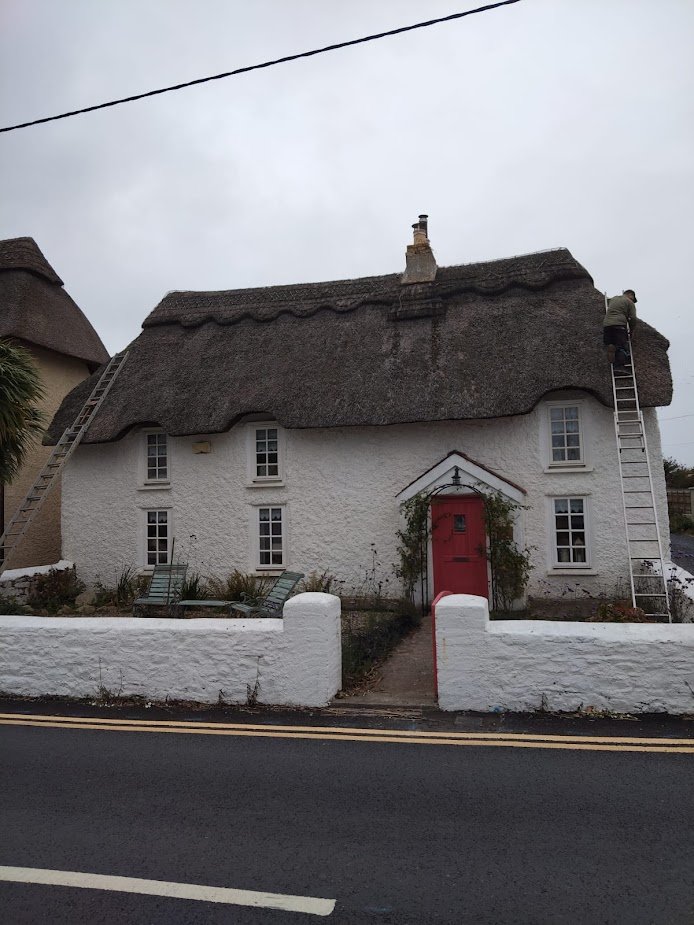 A white cottage with a thatched roof, a red front door, and a small garden in front. A person is on a ladder working on the roof, and the sky is overcast.