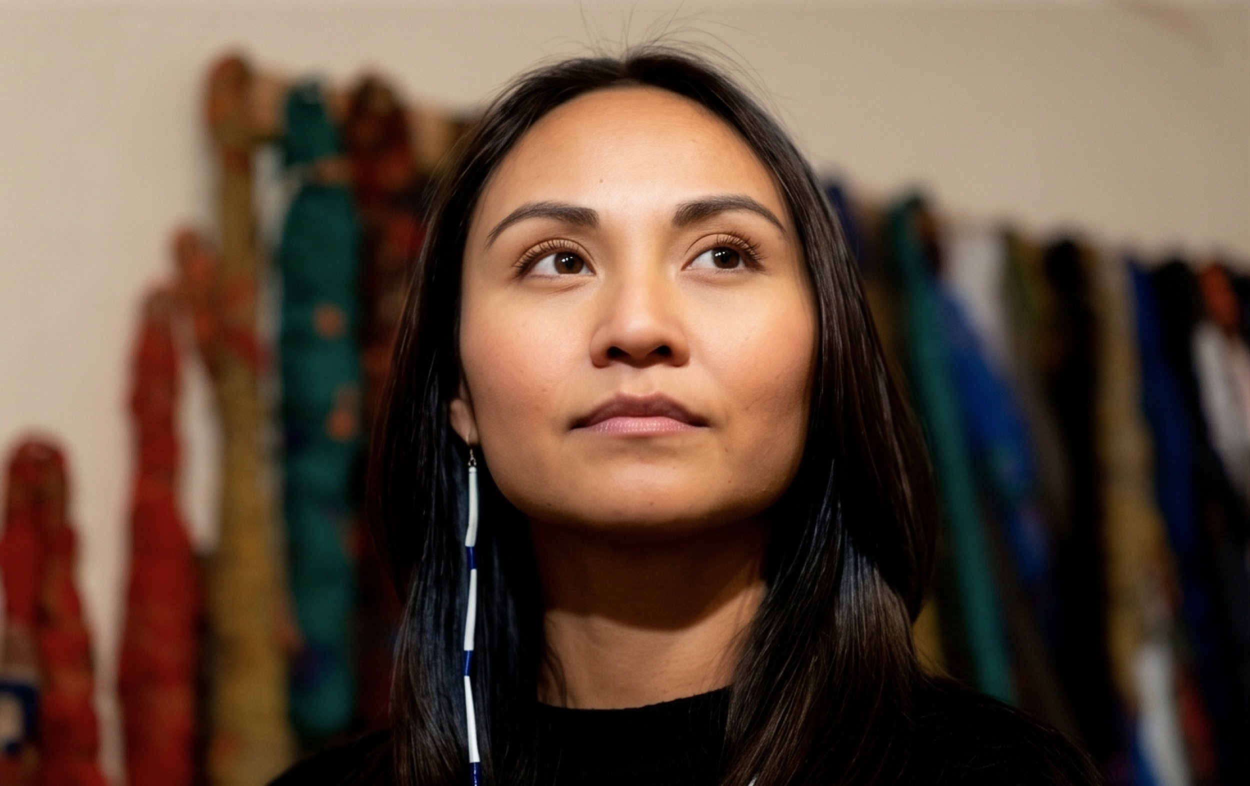 A young woman with long black hair and earbuds against a background of colorful yarn skeins.