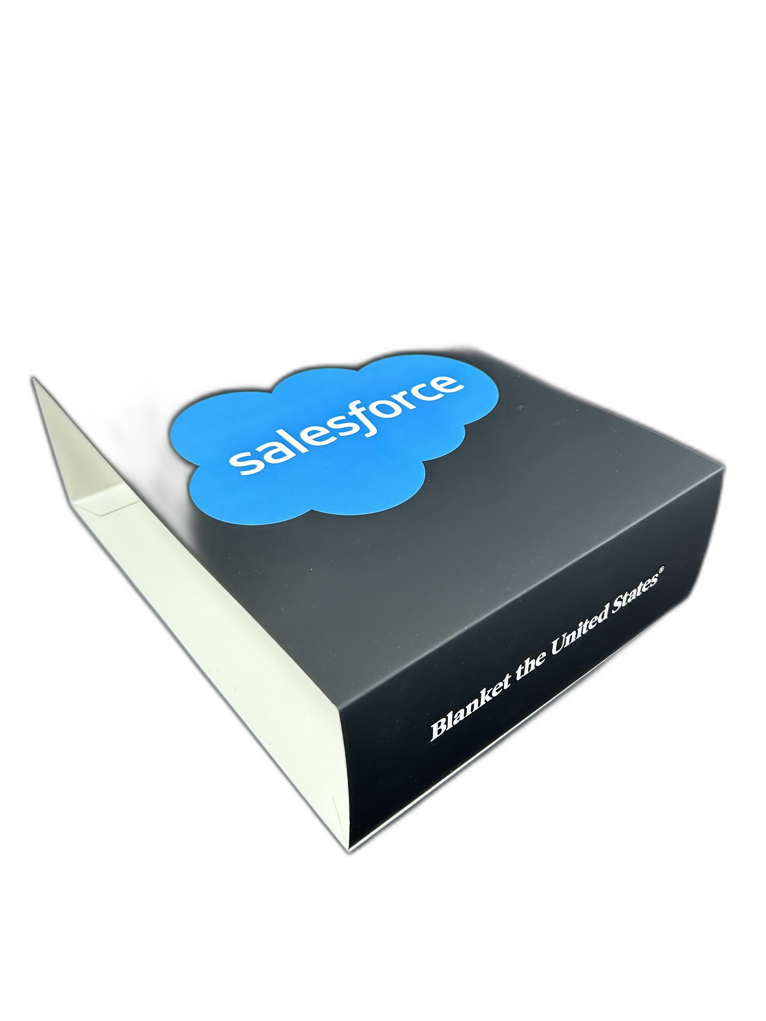 Black box with a blue cloud-shaped label reading 'salesforce' on top and white text on the side that says 'Blanket the United States'.