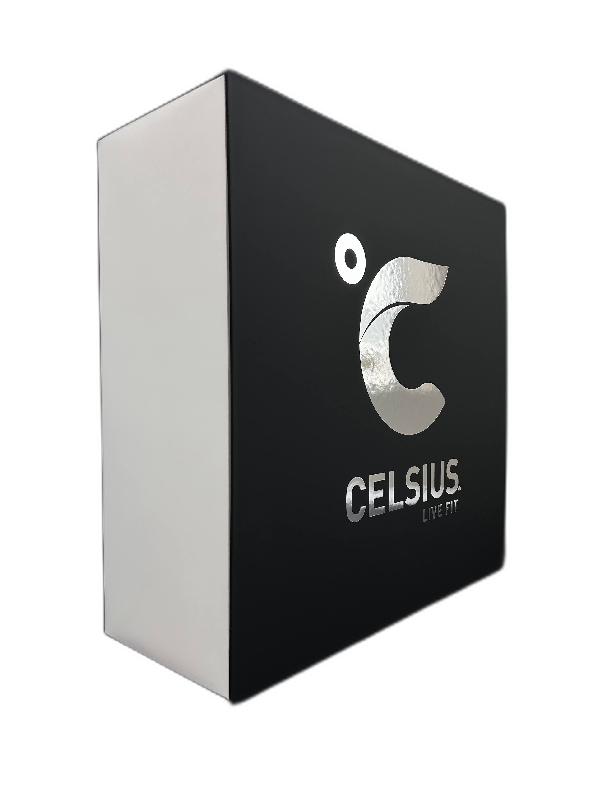 A black and white box featuring the brand logos of Apple and Celsius, a fitness drink brand, with the words "Live Fit" underneath.