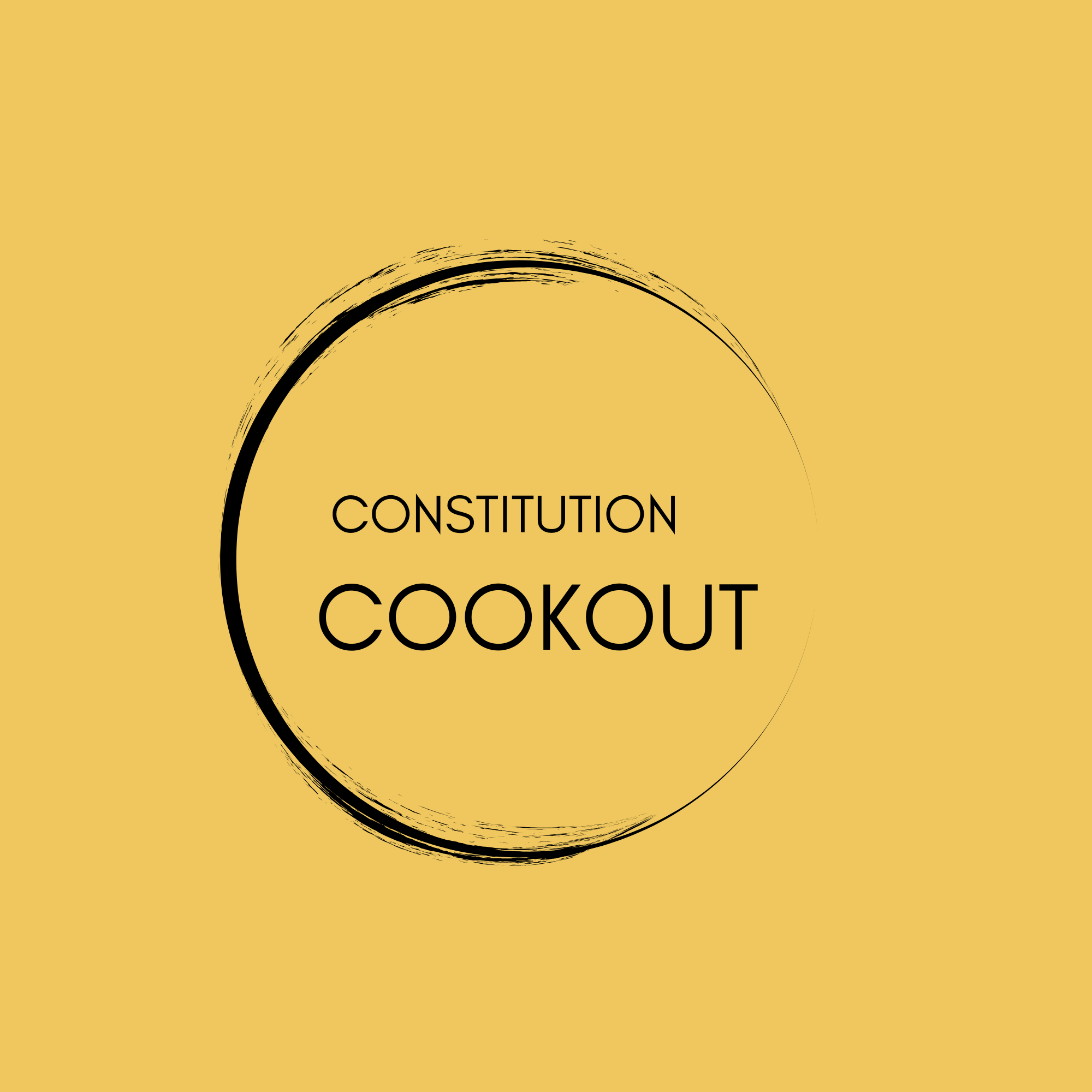 Cover page of a booklet titled 'Constitution Cookout' with a black brushstroke circular design on a mustard yellow background.