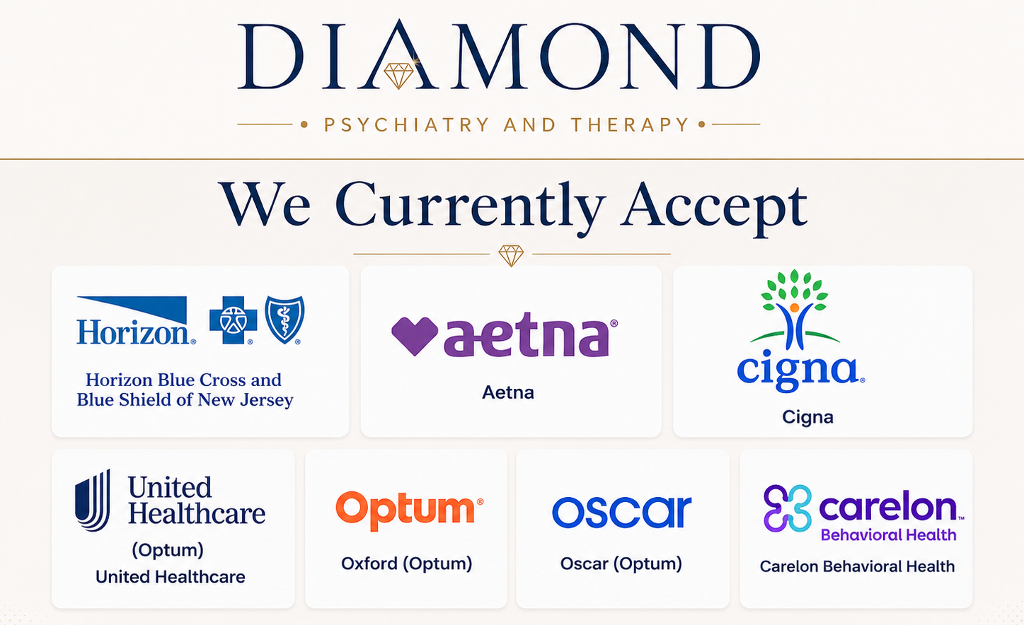 Health insurance providers accepted at Diamond Psychiatry and Therapy, including Horizon Blue Cross Blue Shield of New Jersey, Aetna, Cigna, United Healthcare, Optum, Oscar, and Carelon Behavioral Health.