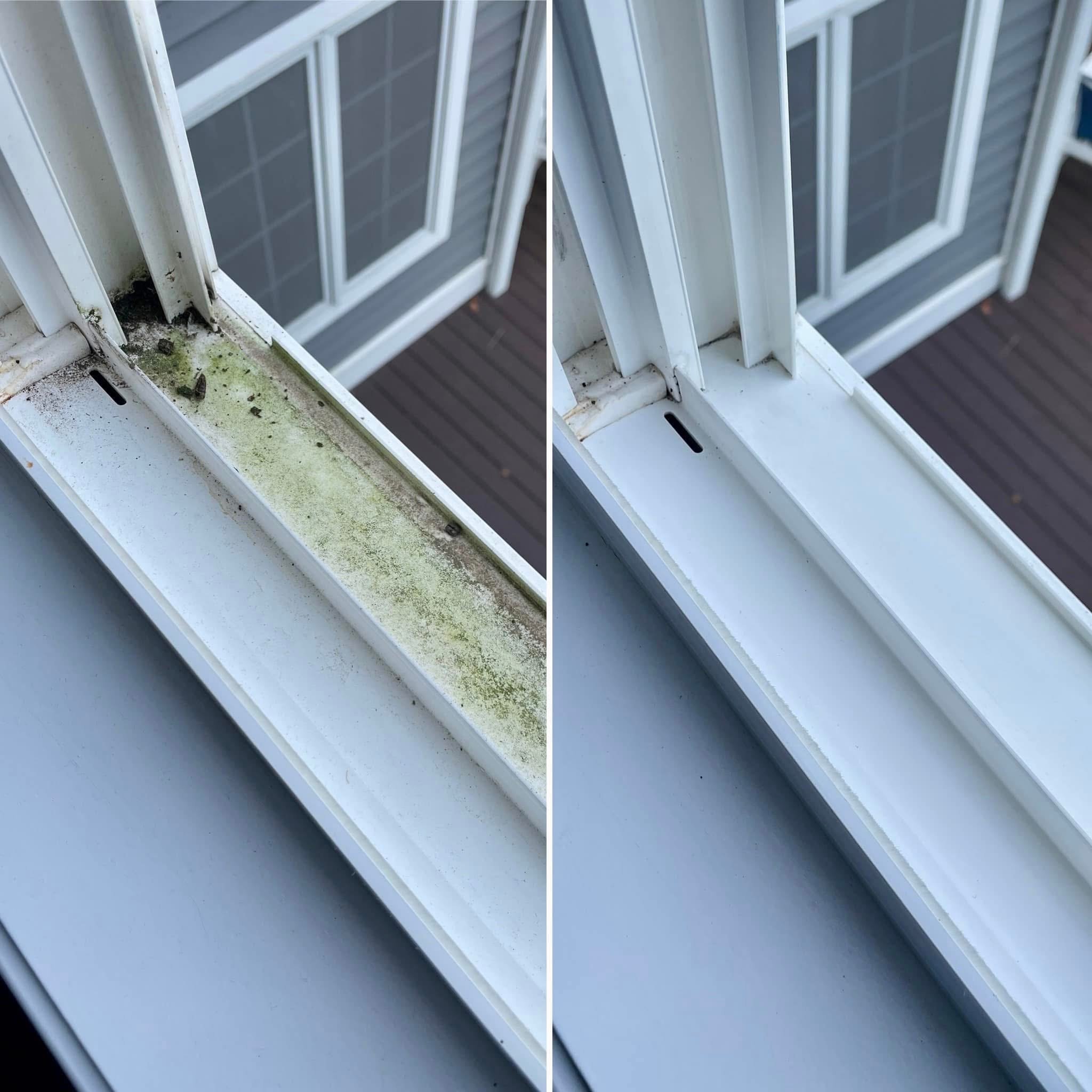 Close-up of an air conditioning unit's vent with mold and dirt buildup on the white plastic frame, shown in comparison to a cleaned vent with no mold or dirt.