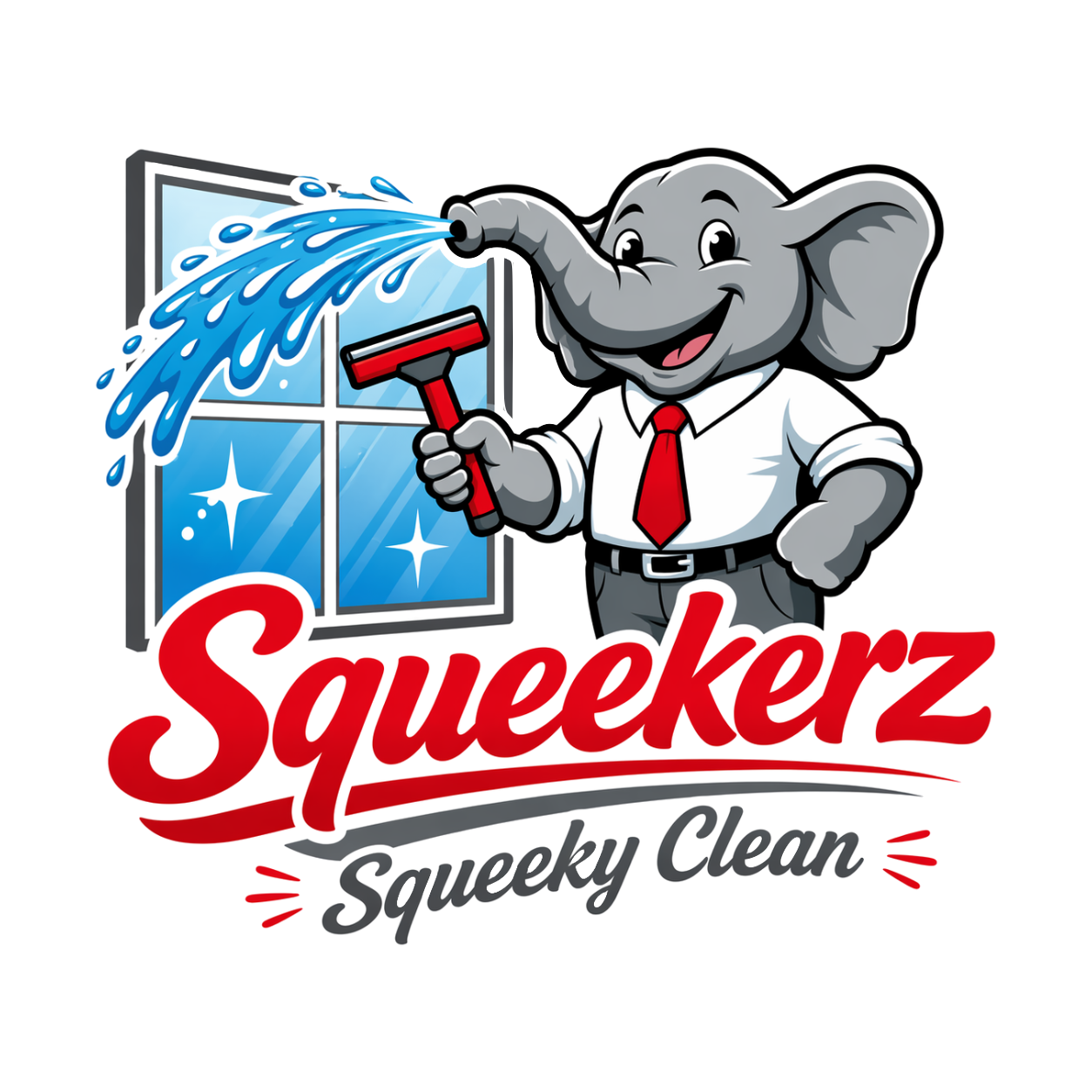 Cartoon elephant wearing a white shirt and red tie, holding a squeegee used for cleaning, with a window in the background. Text reads 'Squeekerz' in red and 'Squeaky Clean' in gray.