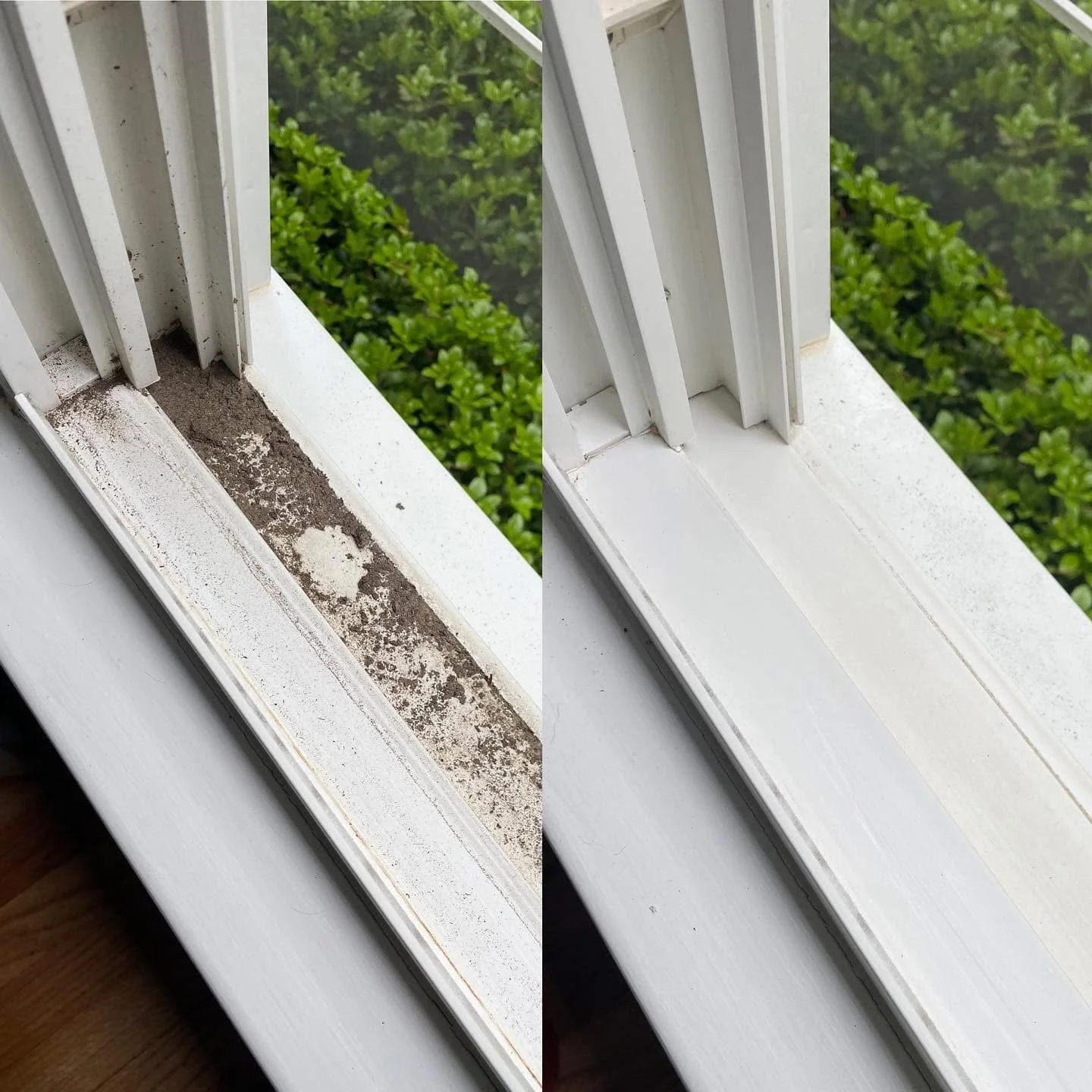 Before and after images of a window sill cleaning; the left shows a dusty, dirty window sill with dirt and grime, the right shows a clean, freshly painted window sill.