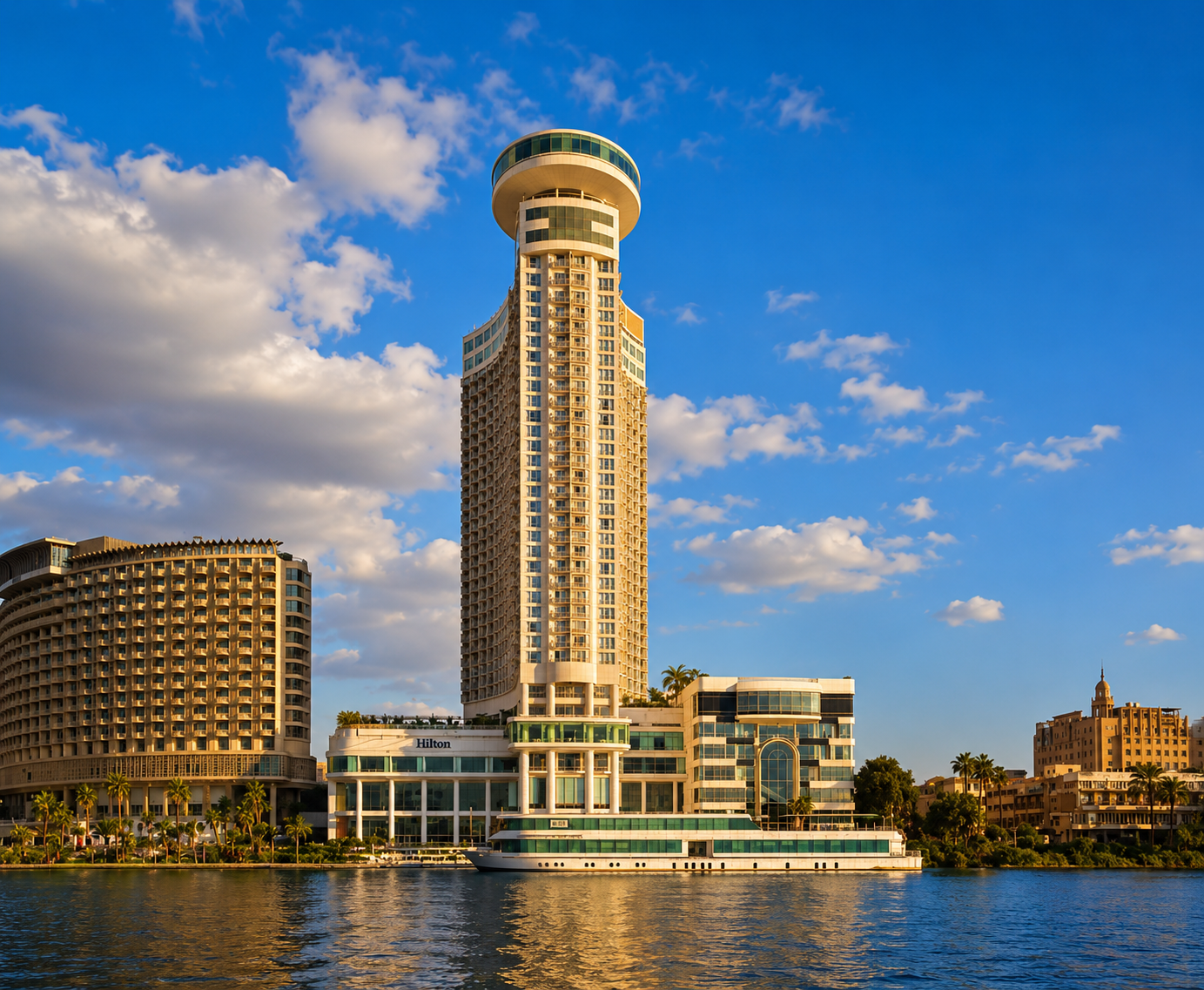 Tall modern building with a circular observation deck at the top, next to other high-rise buildings along a waterway, under a blue sky with scattered clouds.