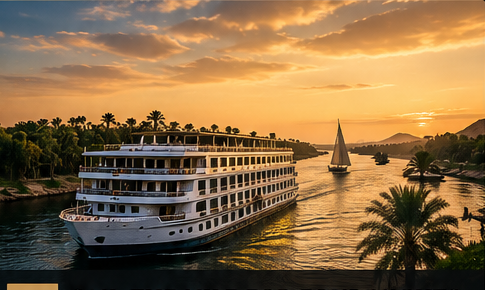 A large white cruise ship sailing on a river during sunset, with palm trees along the riverbank and sailboats in the distance.