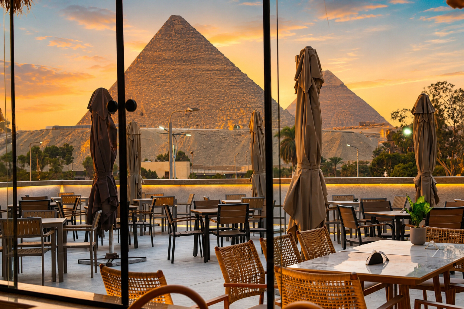 An empty outdoor restaurant or cafe with tables and chairs, set against a view of the pyramids during sunset.
