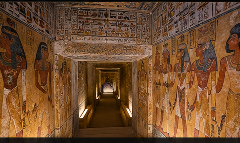 Ancient Egyptian temple hallway with hieroglyphics and wall paintings of gods and pharaohs, illuminated by soft lighting.