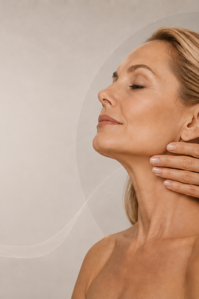 A woman with closed eyes with someone applying gentle pressure from the back to her neck with their hands.