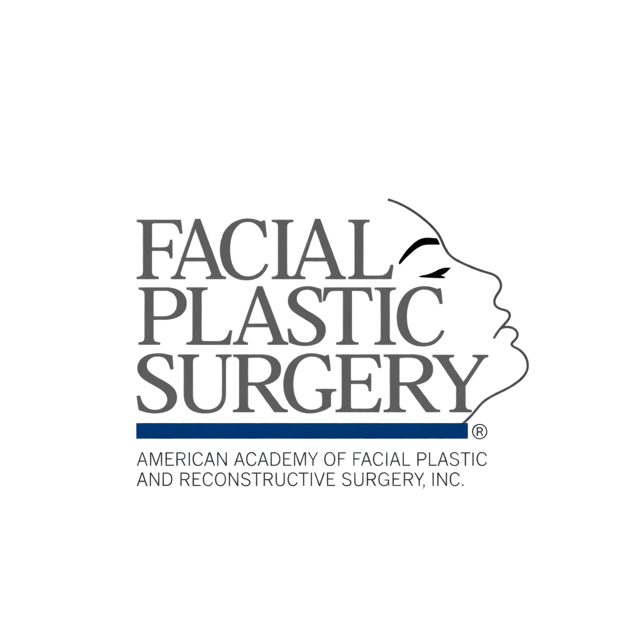 Logo of the American Academy of Facial Plastic and Reconstructive Surgery with a profile of a face outline and text in black, green, and blue.