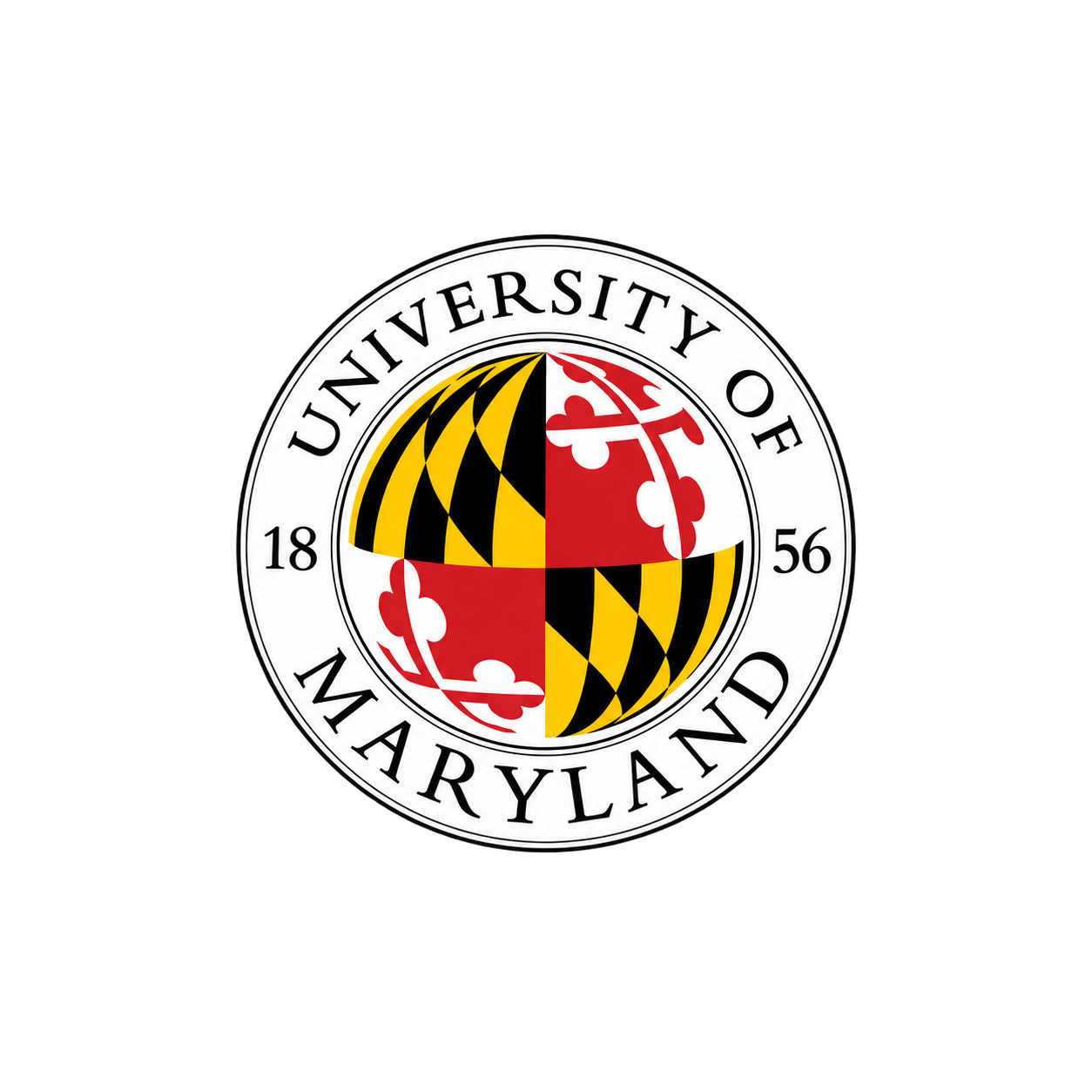 Seal of the University of Maryland featuring a circular design with black, red, and yellow colors and the university's name and founding year.