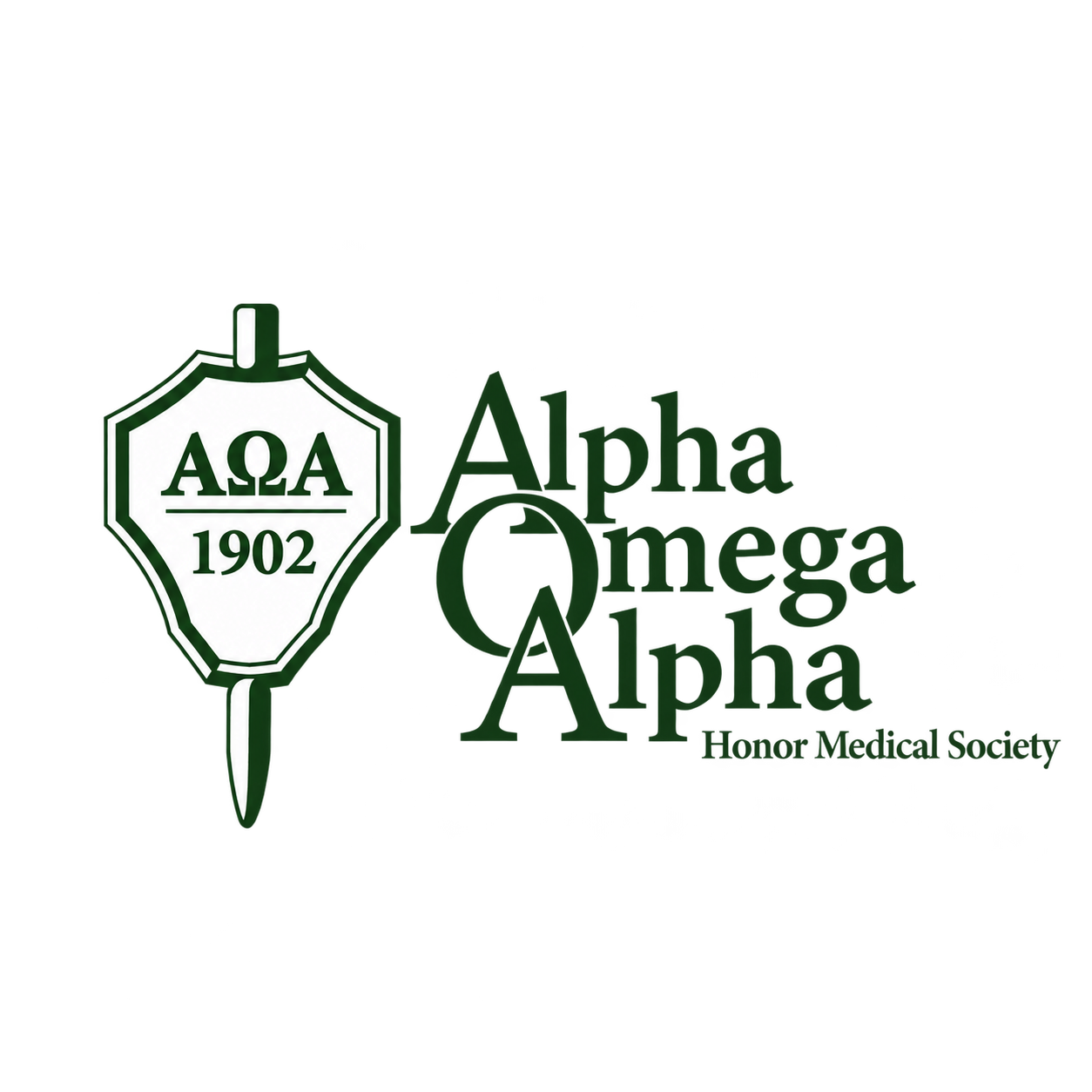 Alpha Omega Honor Medical Society logo featuring a shield with the Greek letters ΑΩA and the year 1902, with the name written as 'Alpha Omega Alpha' and 'Honor Medical Society' below.