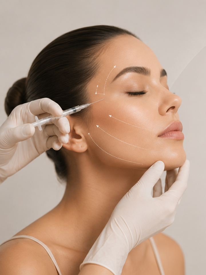 A woman with closed eyes receives a cosmetic facial injection from a medical professional wearing white gloves, with facial contouring lines illustrated in the image.