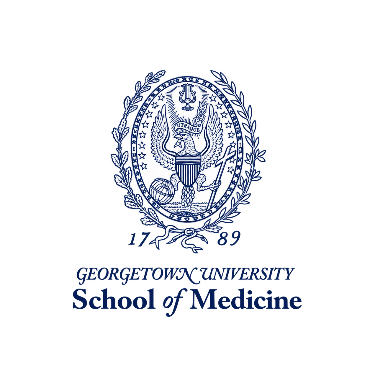 The logo of Georgetown University School of Medicine featuring an eagle with outstretched wings, holding a shield, a globe, and a spear, surrounded by a laurel wreath and the text 'Georgetown University School of Medicine'.
