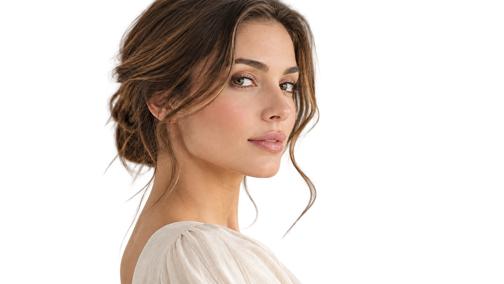 A woman with shoulder-length brown hair and light makeup, looking over her shoulder with a slight smile, wearing a cream-colored blouse.