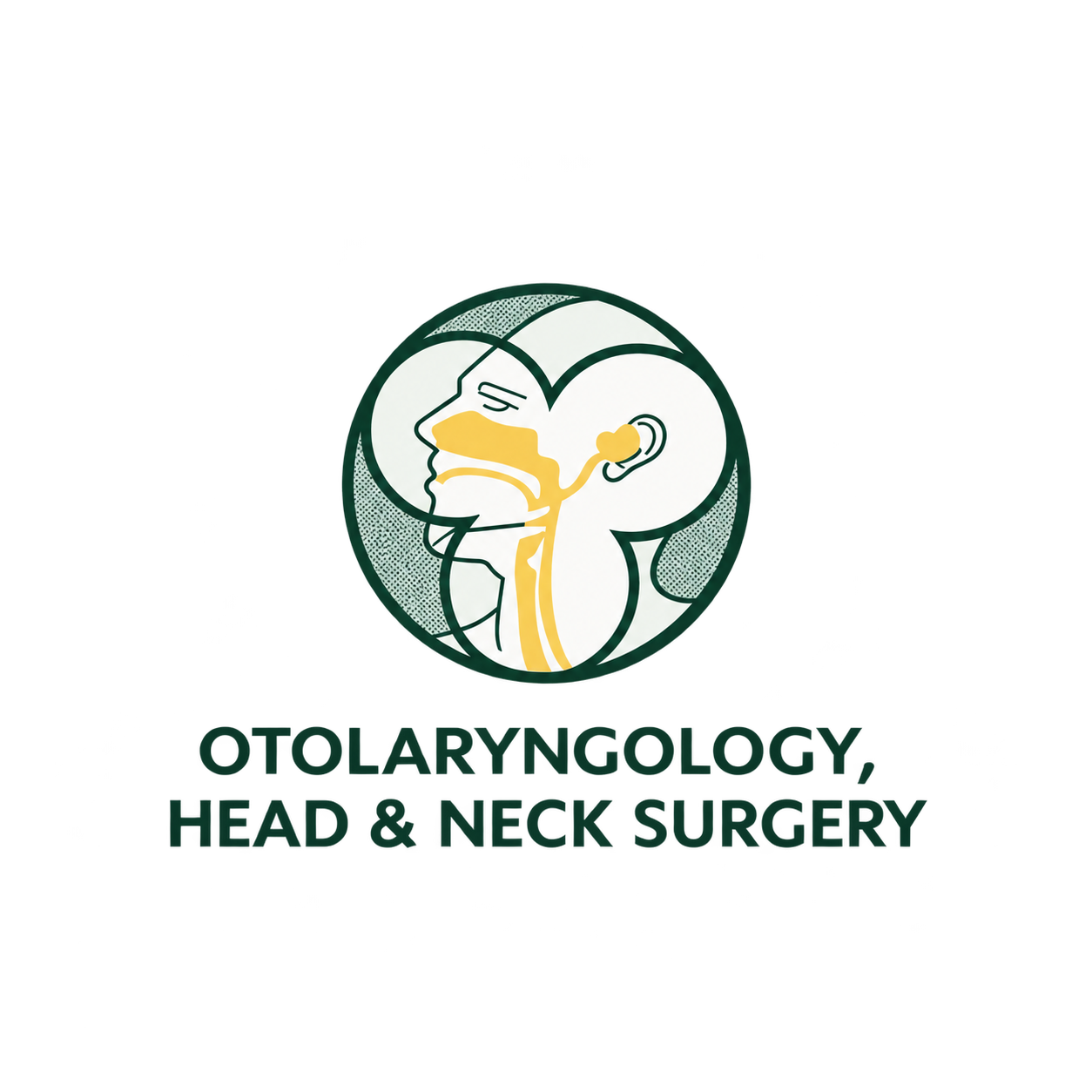 Logo for Otolaryngology Head & Neck Surgery featuring a stylized illustration of the human head and neck in profile, with internal anatomy details, and text below reading 'Otolaryngology, Head & Neck Surgery' with a digital glitch effect.