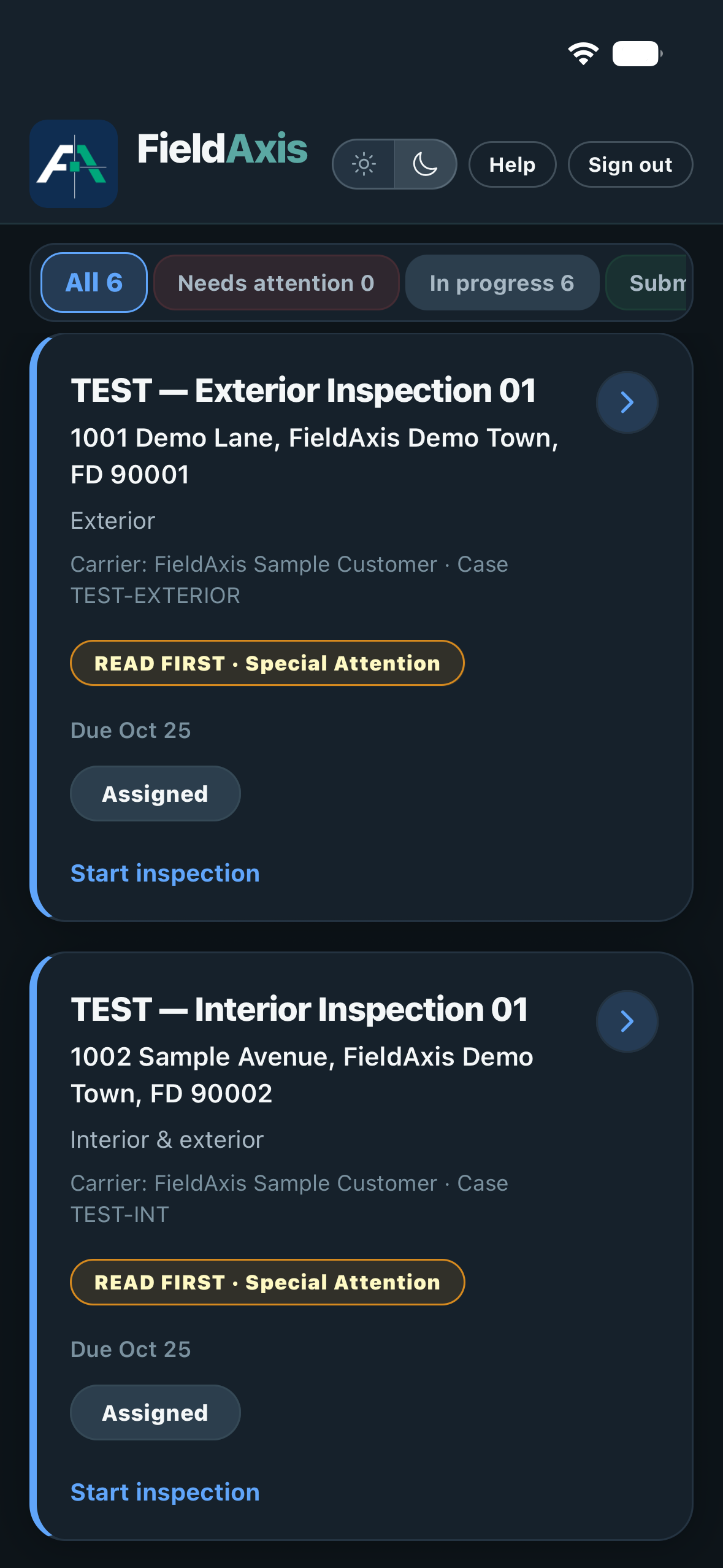 Inspector App showing list of inspections