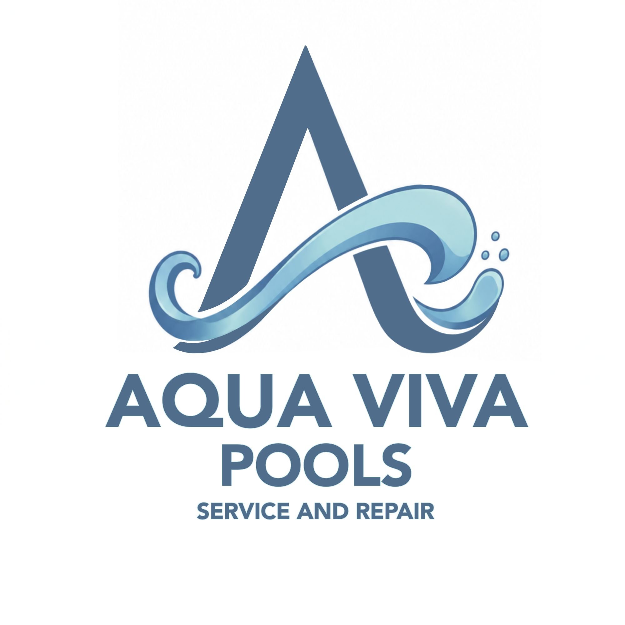 Aqua VIVA Pools logo featuring a stylized water splash, blue and teal colors, and text indicating pool services and repair.