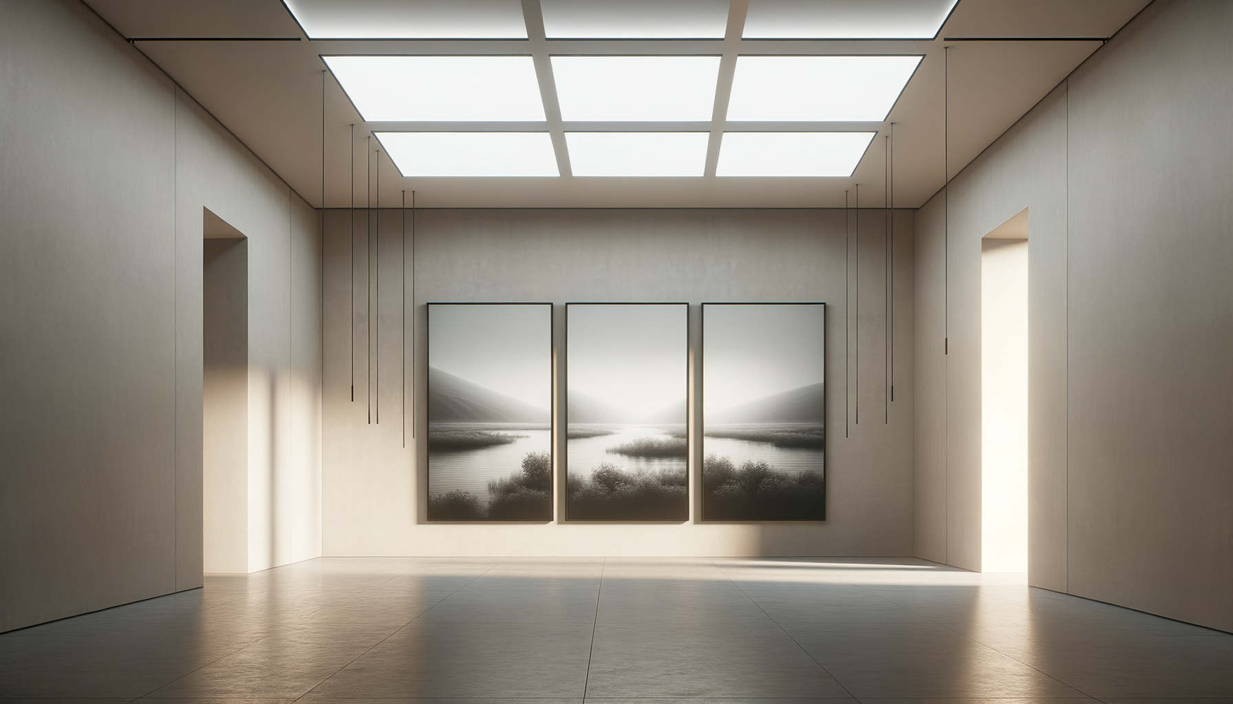 Minimalist art gallery with three black-and-white landscape paintings of a river valleys, illuminated by natural light from a skylight, beige walls, and wooden floors.