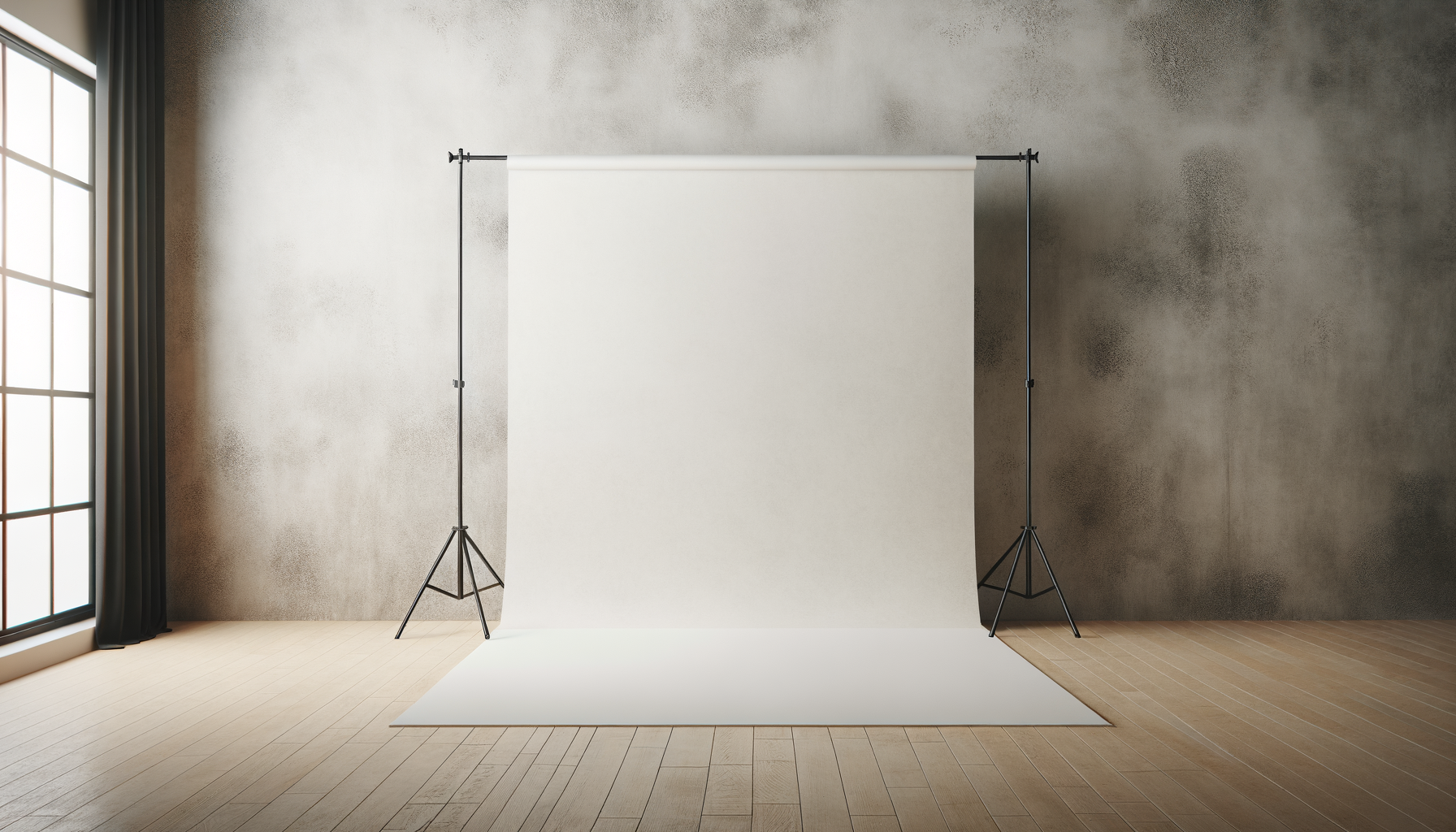 Photo of a blank photo backdrop in a room with wooden flooring, located against a wall with textured paint, next to a window with curtains.
