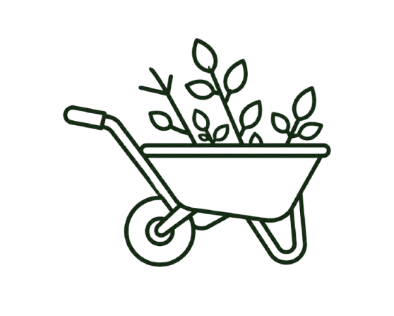 Neon line drawing of a wheelbarrow filled with plants.