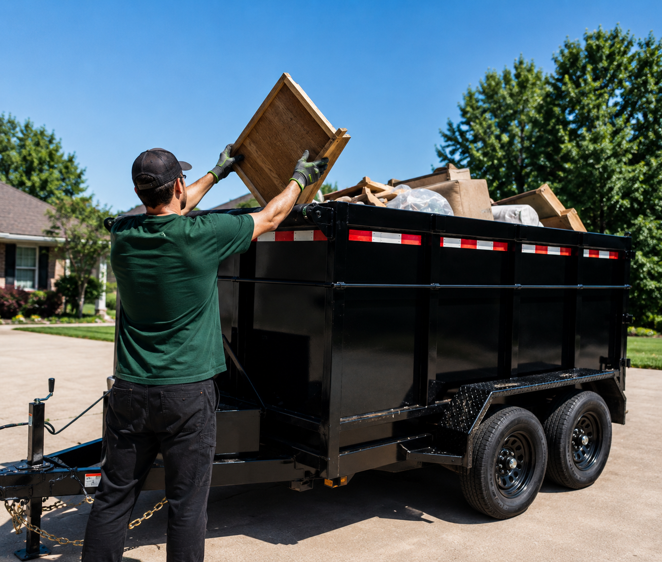A man wearing a green shirt, black pants, and a cap unloads wooden and cardboard boxes from a black trailer attached to a vehicle, with trees and a house in the background.