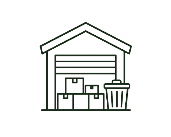 A digital illustration of a simple house with a sloped roof, garage door, window, and a front porch with a chair and a small table.