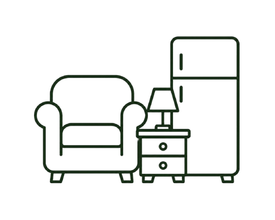 Line drawing of a living room with an armchair, side table with a lamp, and a refrigerator.