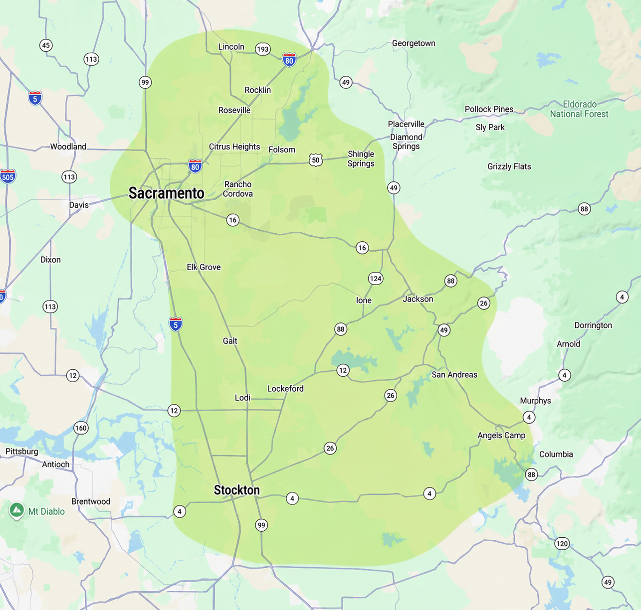 Map of Sacramento, California area with surrounding cities and highways, highlighting the regional coverage area in green.
