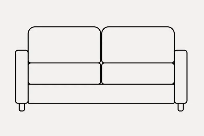 Line drawing of a two-seater sofa with armrests and four legs.