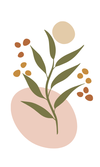 Illustration of a plant with green leaves and small brown berries, growing from a pinkish-beige rock or mound with a beige circle background.