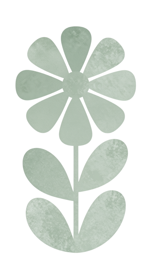 A simple illustrated flower with seven rounded petals, a stem, and three oval leaves.