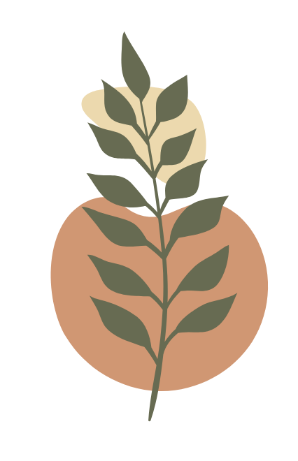 Illustration of a green leafy branch with multiple leaves, overlaying a beige rounded shape with a brown background.