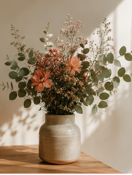 A beige ceramic vase containing pink flowers, small white blossoms, and green eucalyptus leaves on a wooden surface with shadows on a light-colored wall.