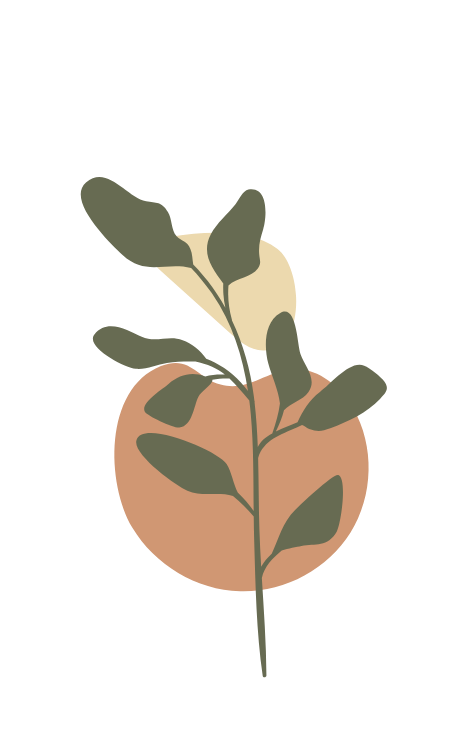 Illustration of a plant with green leaves and rounded shapes in beige and brown background.