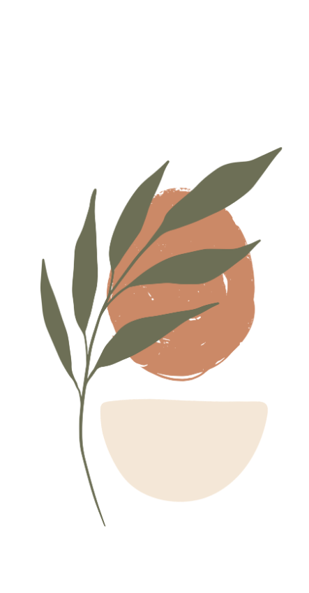 Minimalist illustration of a plant with green leaves in front of a round, orange shape, inside a white bowl.
