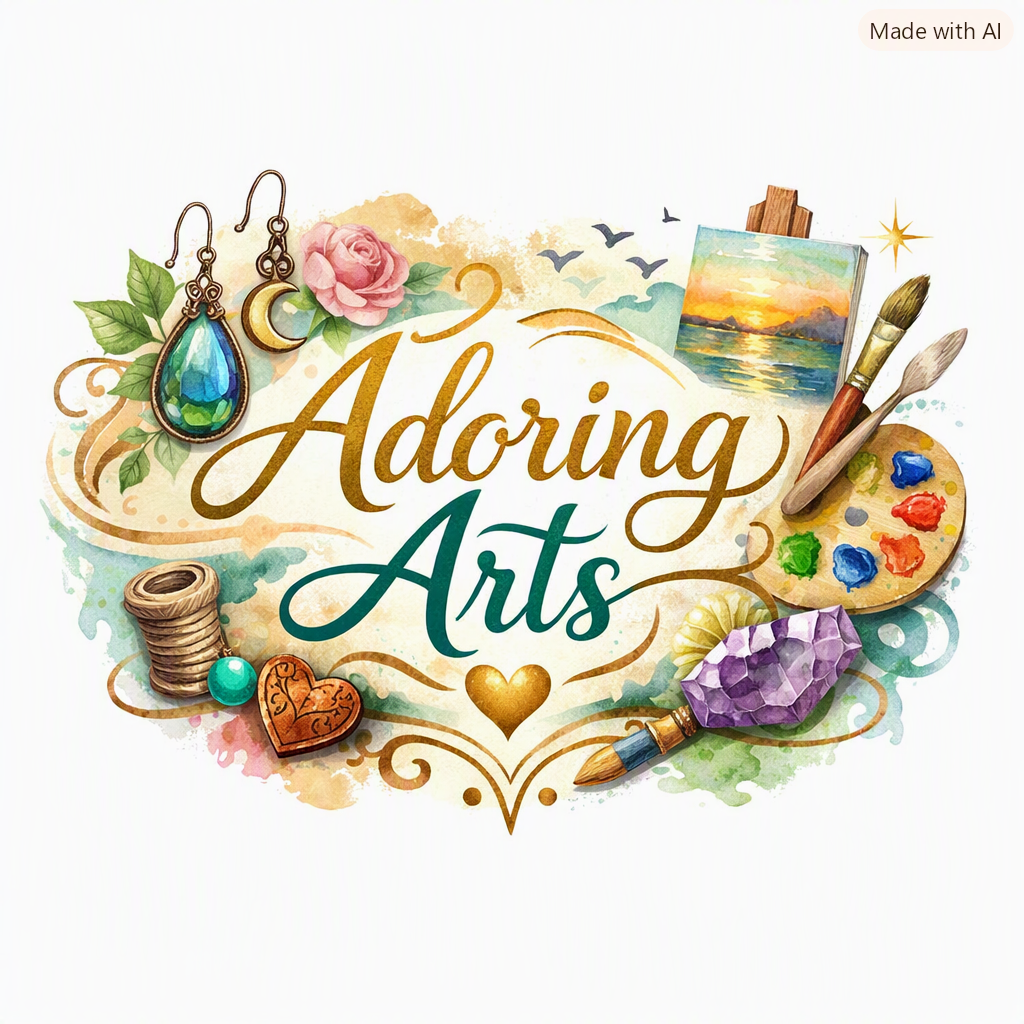 Artistic logo for 'Adoring Arts' featuring jewelry, a pink rose, a small painting of a sunset, a paint palette with brushes, a spool of thread, a heart charm, beads, and an amethyst gemstone, all surrounded by watercolor splashes and decorative elements.