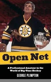 A man in a hockey jersey holding a hockey stick and wearing a helmet in a stadium. The jersey has a Bitcoin logo. There is a yellow banner that says "Open Net" and a subtitle about George Plimpton.