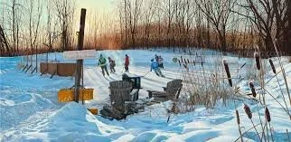 Children playing snowball fight in a snowy field with sleds and trees in the background.