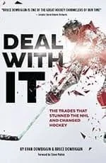 Book cover titled 'Deal With It' about hockey, featuring a blurred image of a hockey player with red and white colors.