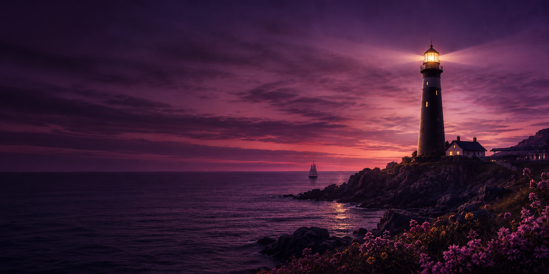Lighthouse on rocky coastline at sunset with a boat sailing on the ocean