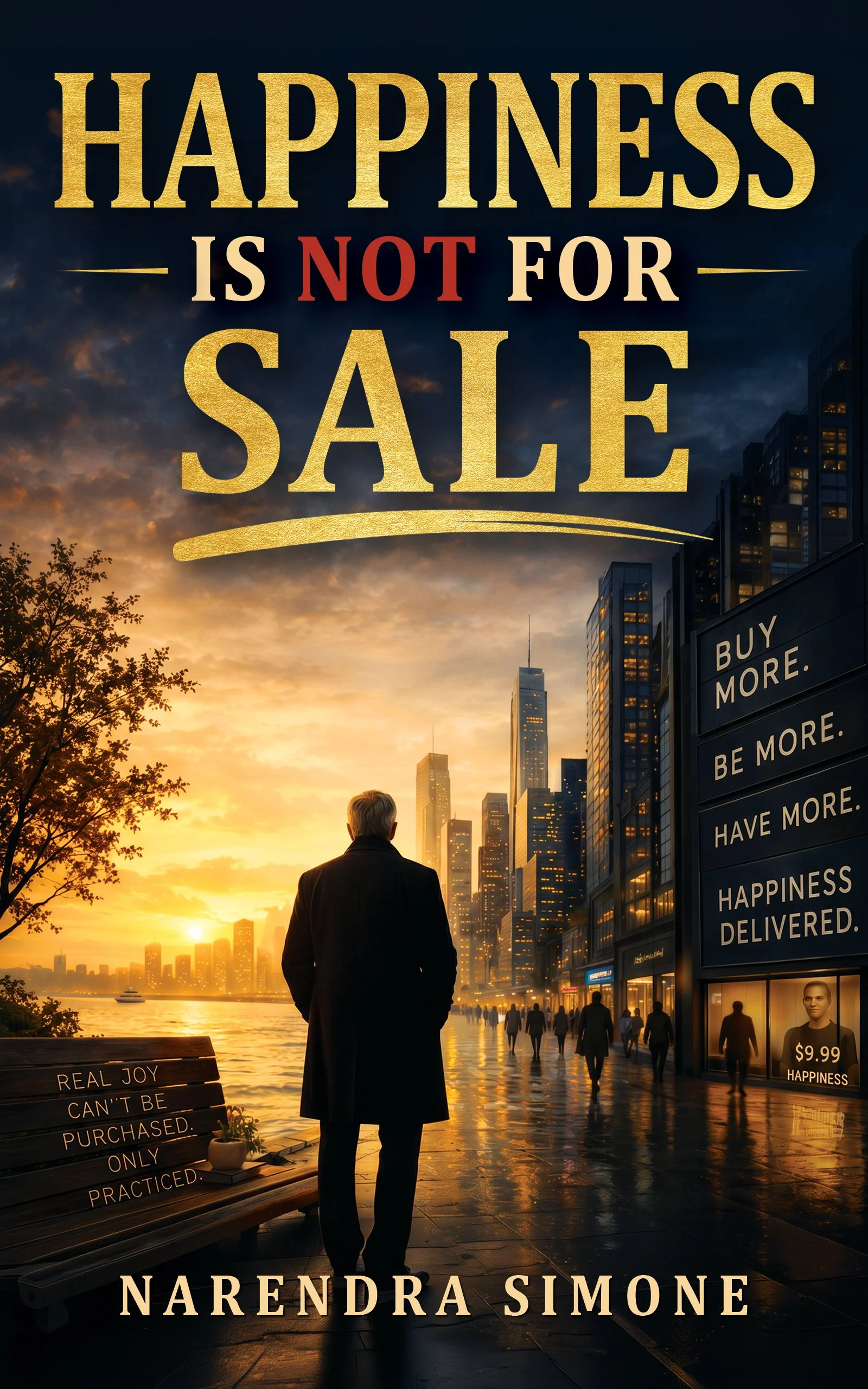 Book cover titled 'Happiness is not for Sale' by Narendra Simone. The cover features a cityscape at sunset with a man in a coat standing on a walkway near the water, gazing at the skyline, with advertisements and a bench in the foreground.