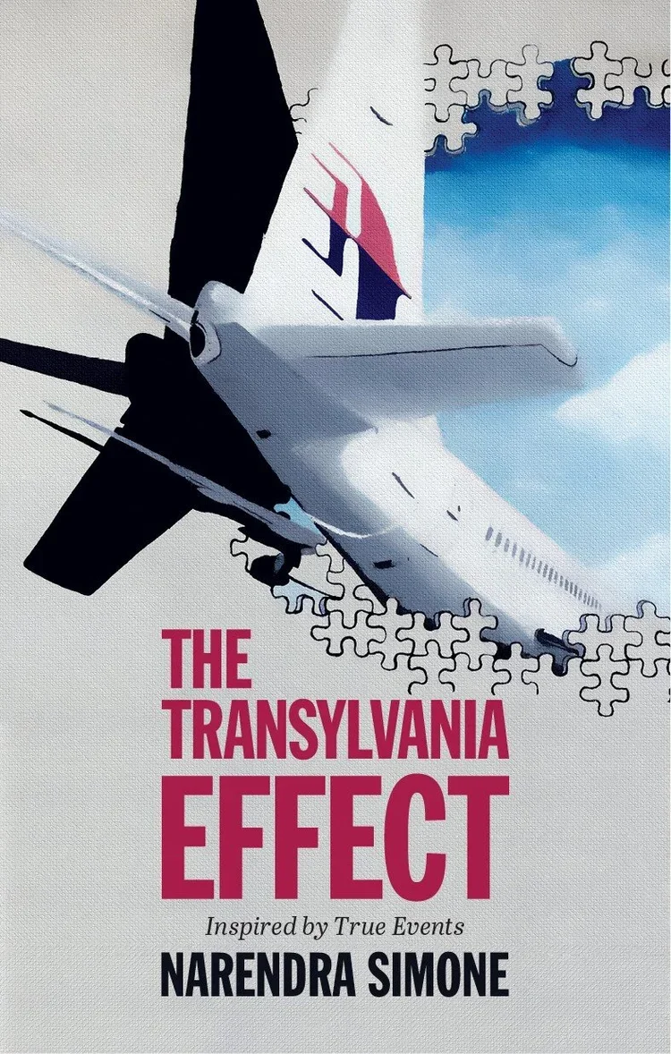 Book cover featuring an airplane flying through a puzzle piece frame with blue sky background, title 'The Transylvania Effect' in bold pink and black text, author 'Narendra Simone' and tagline 'Inspired by True Events.'